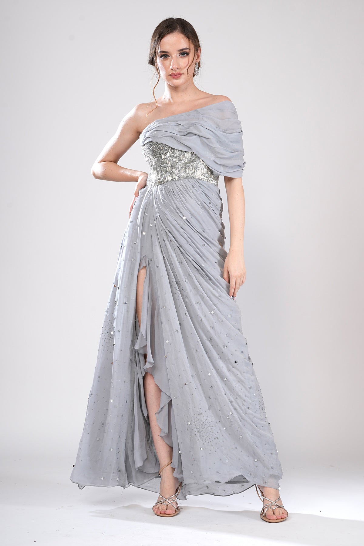 Buy Silver Embellished Drape Gown by Smita Shrinivas for women online at ScrollnShops