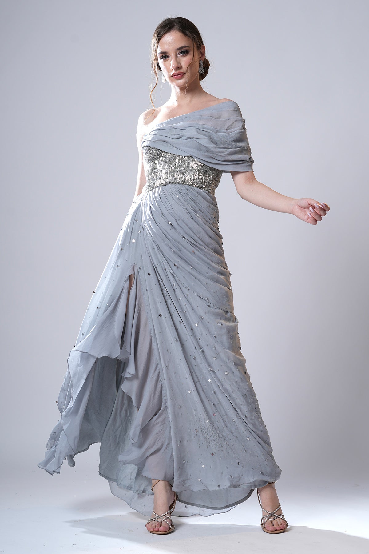 Silver Embellished Drape Gown