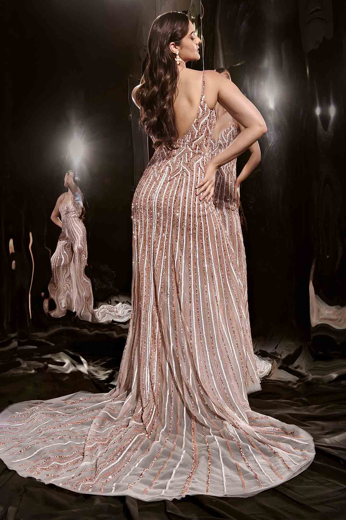 Silver Embroidered Gown & Trail