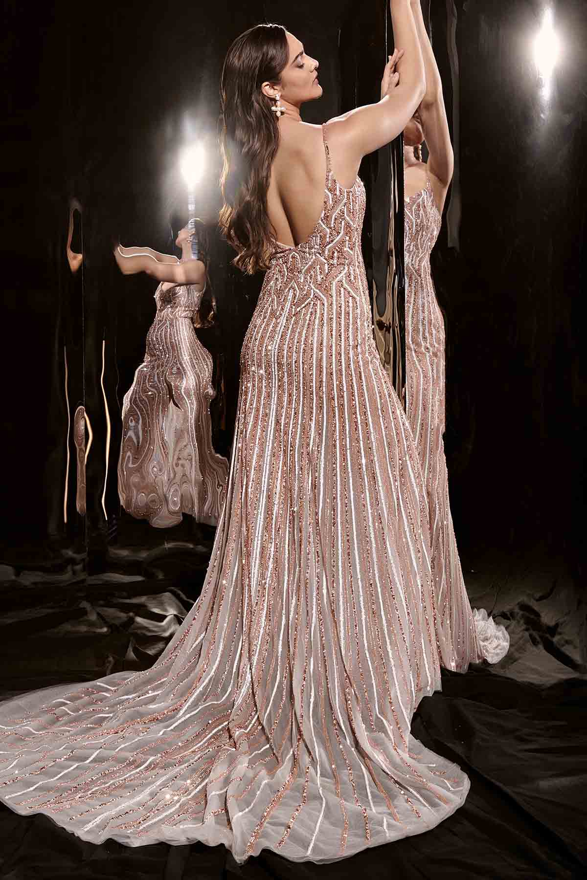 Silver Embroidered Gown & Trail