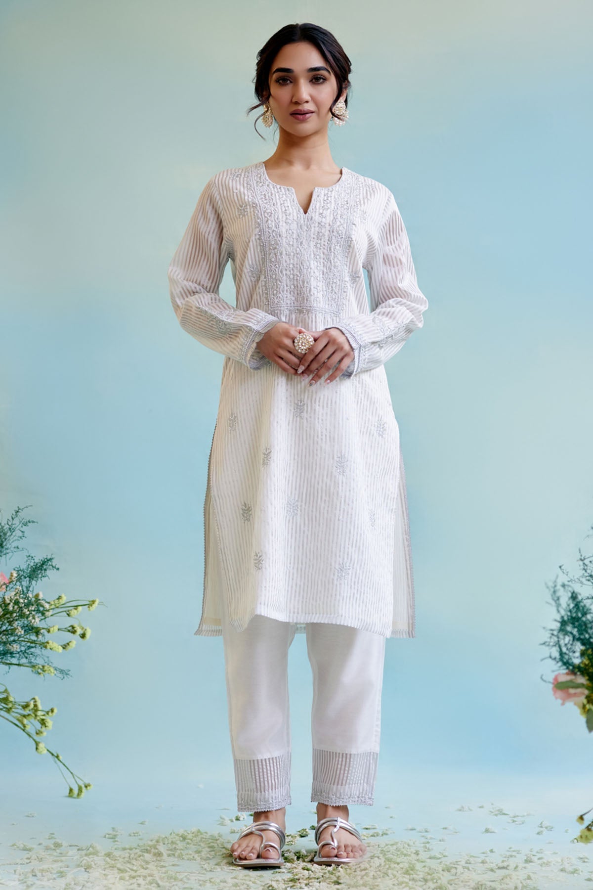 Nero Silver Floral Embroidered Kurta for women at ScrollnShops