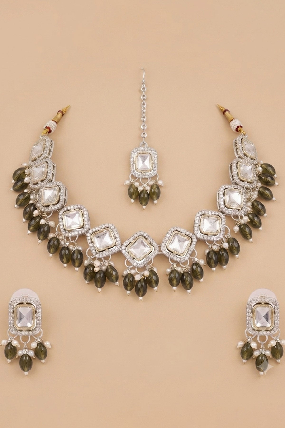 Silver Green Bead Jewellery Set