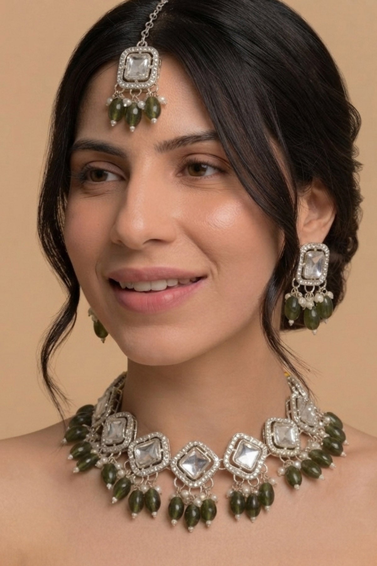 Buy Silver Green Bead Jewellery Set for women by Inko & Co online available at scrollnshops