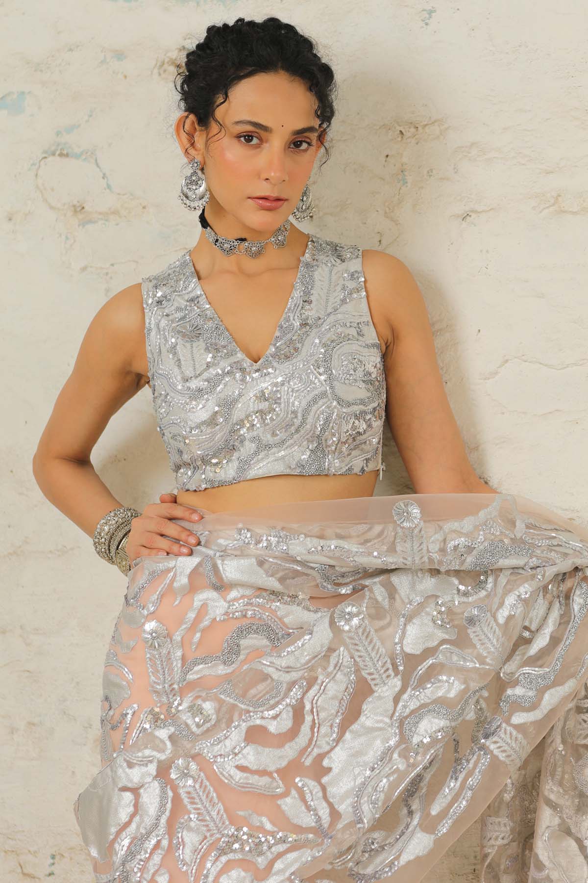 Saksham Neharicka Silver Hand Embroidered Blouse for women online at ScrollnShops