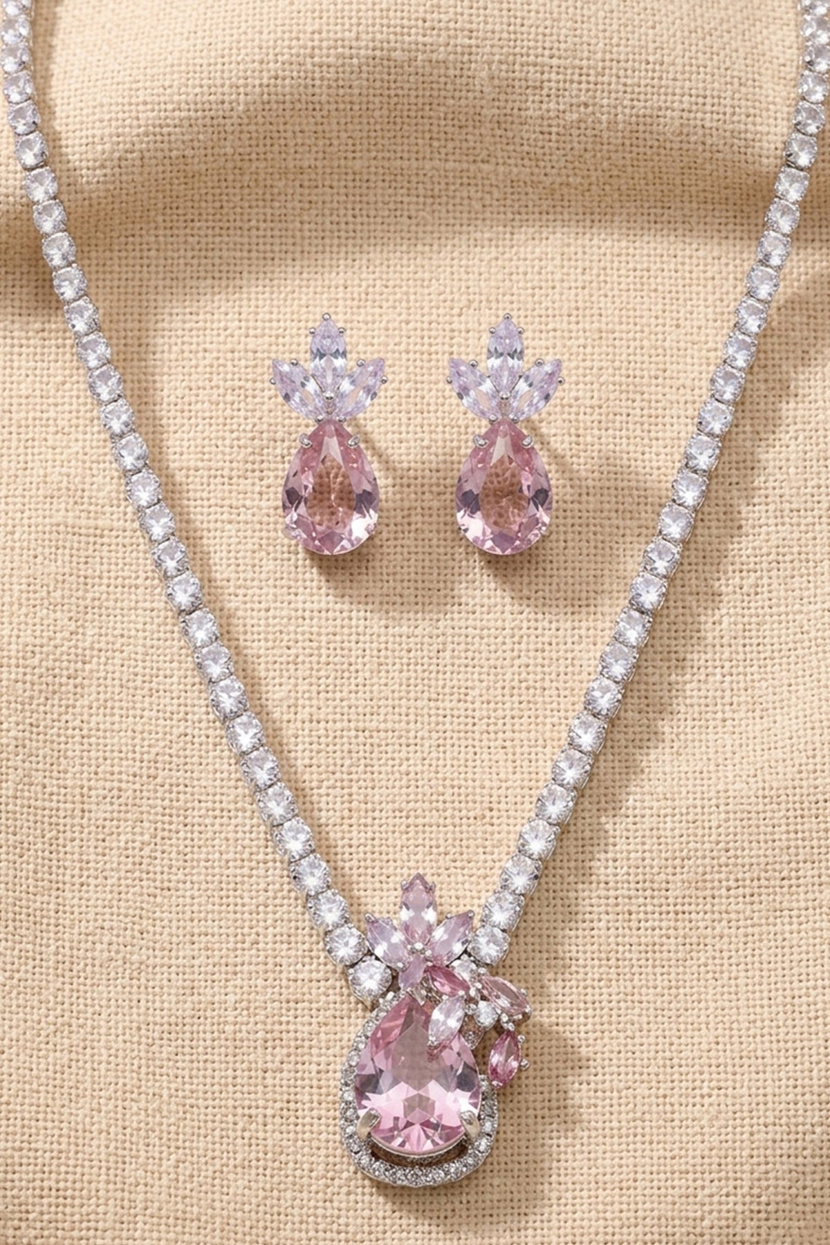 Silver Pink Stone Necklace Set