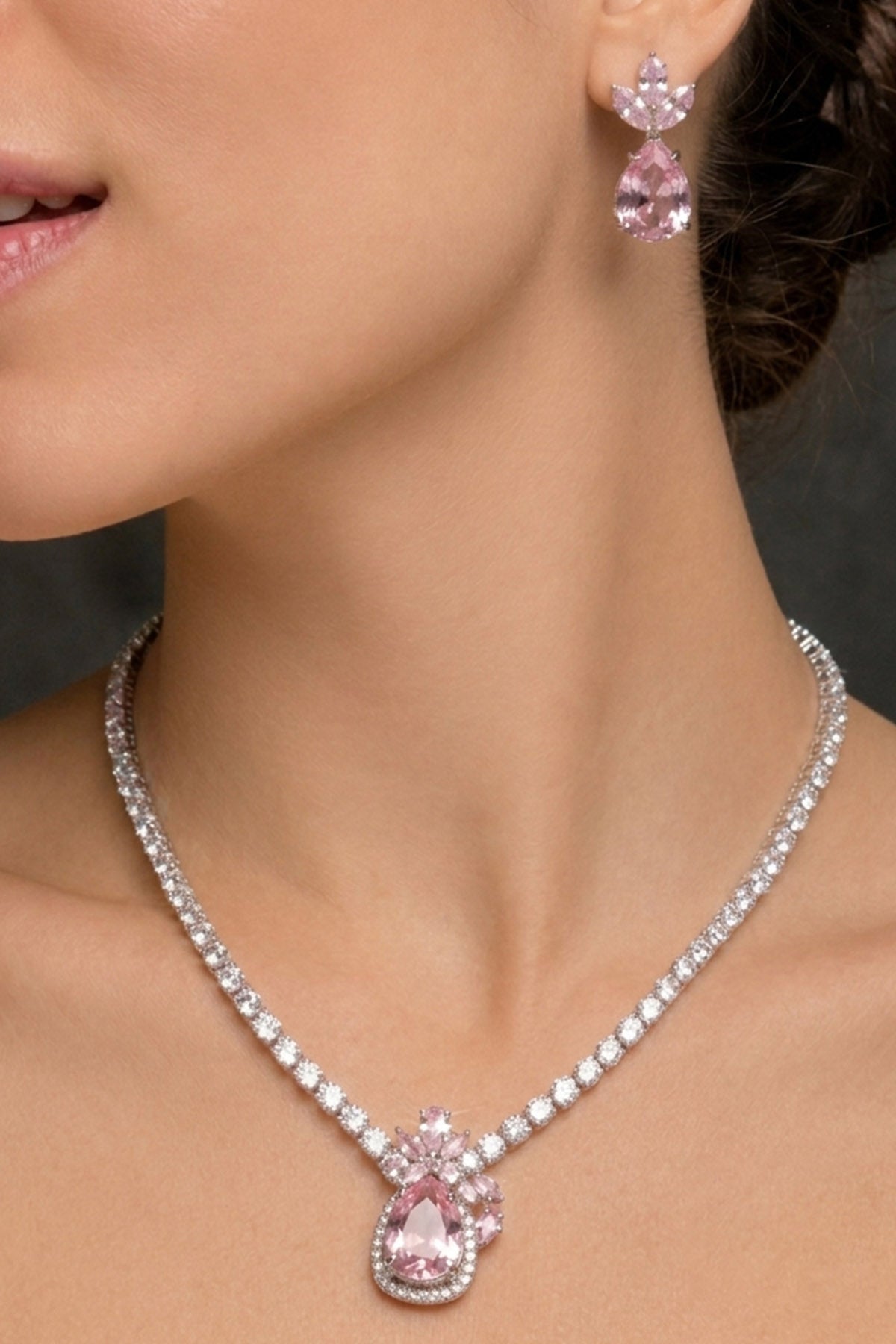 Buy Silver Pink Stone Necklace Set for women by Inko & Co online available at scrollnshops