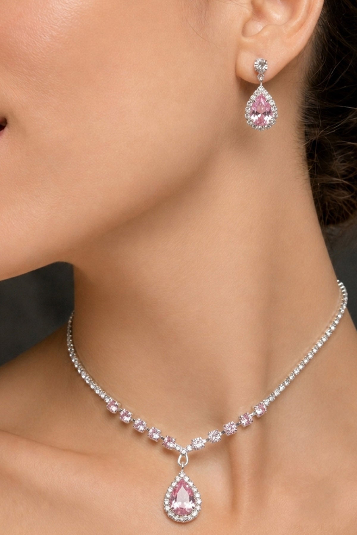 Buy Silver Pink drop Necklace Set for women by Inko & Co online available at scrollnshops