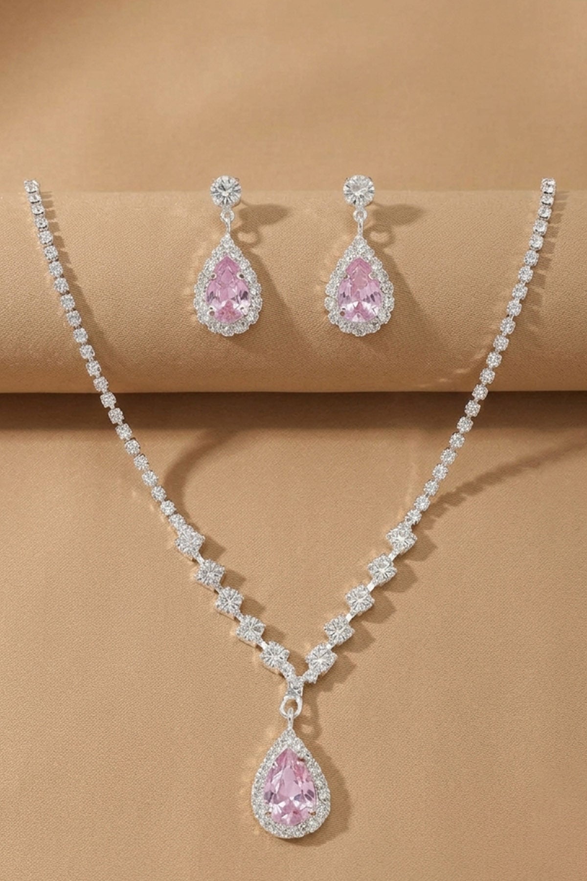 Silver Pink drop Necklace Set