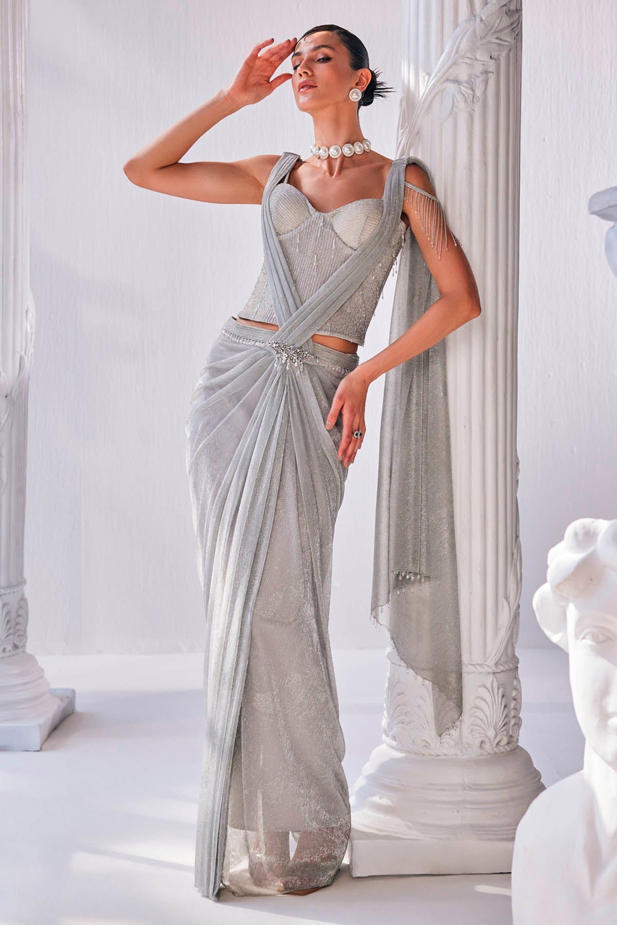 Buy Silver Pre-Draped Crinkle Saree by Mandira Wirk