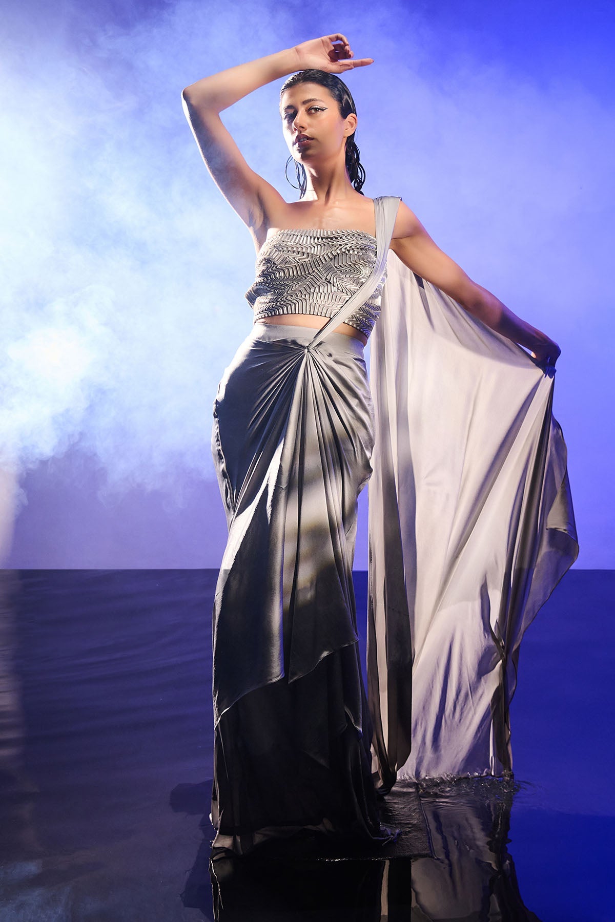 Buy Silver Pre-Draped Saree & Blouse by Asaaye for women online at ScrollnShops