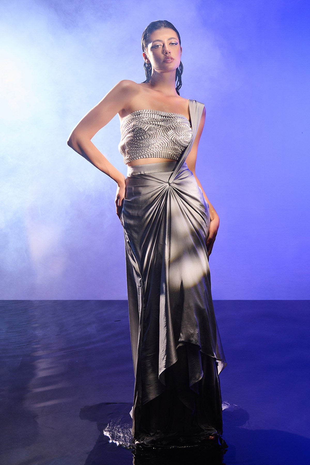 Silver Pre-Draped Saree & Blouse