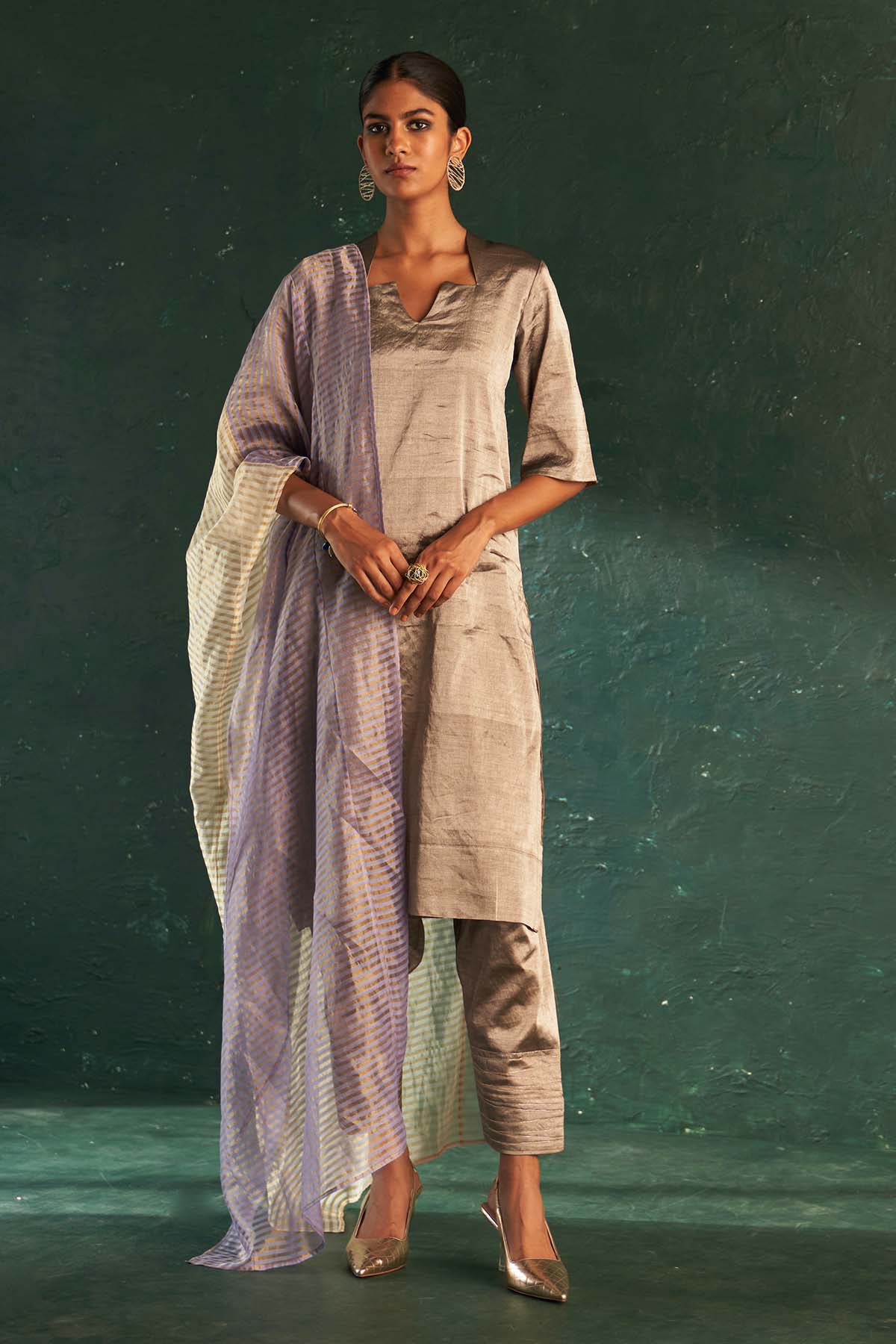 Buy Silver Silk Tissue Kurta Set Online