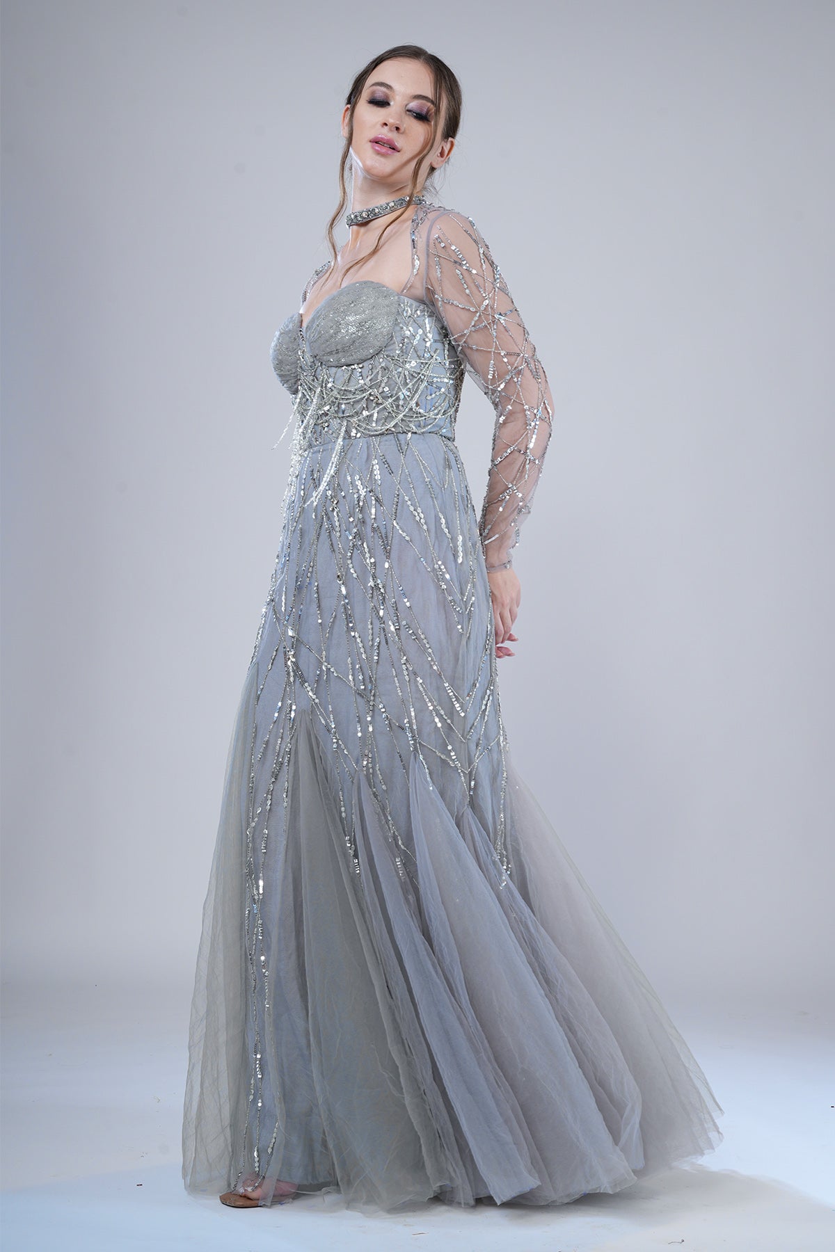 Silver Tulle Embellished Gown