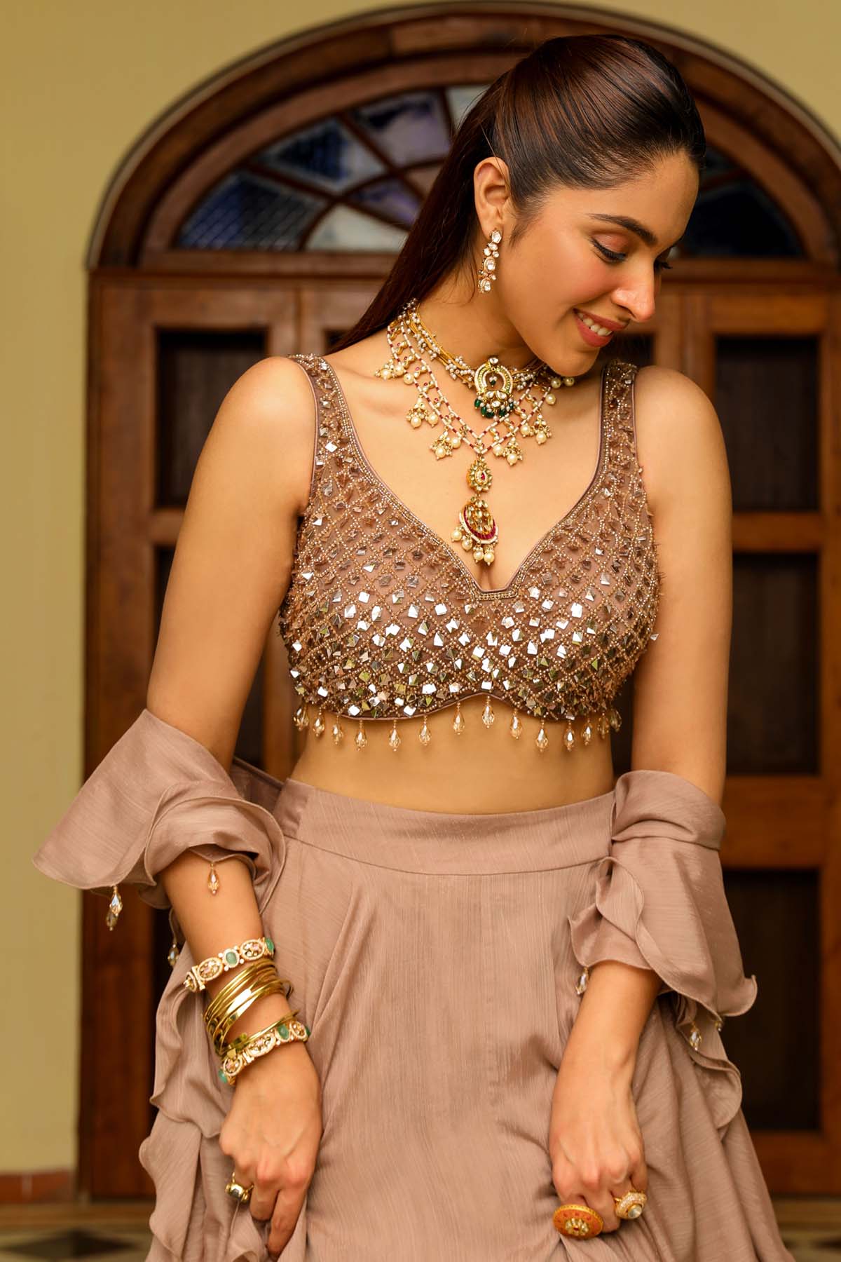 Skin Crystal Frill Lehenga Set