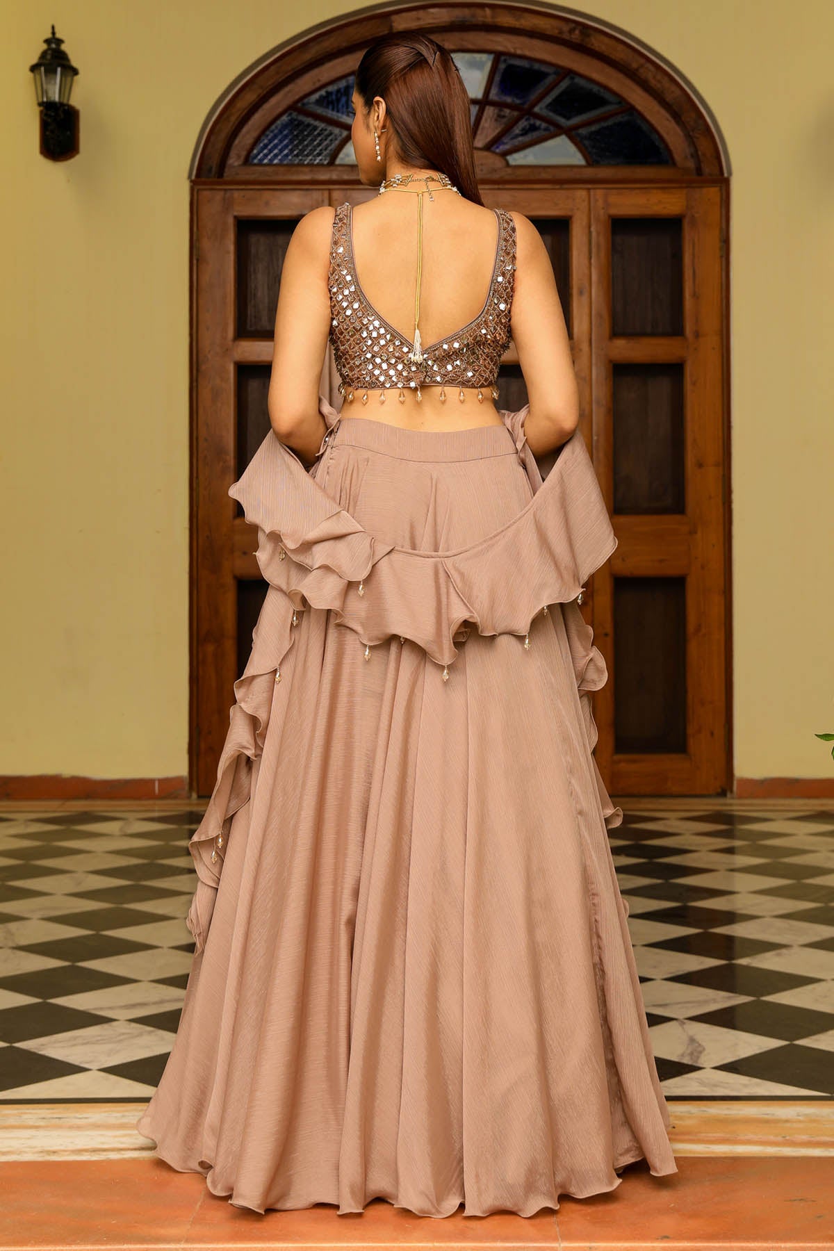 Skin Crystal Frill Lehenga Set