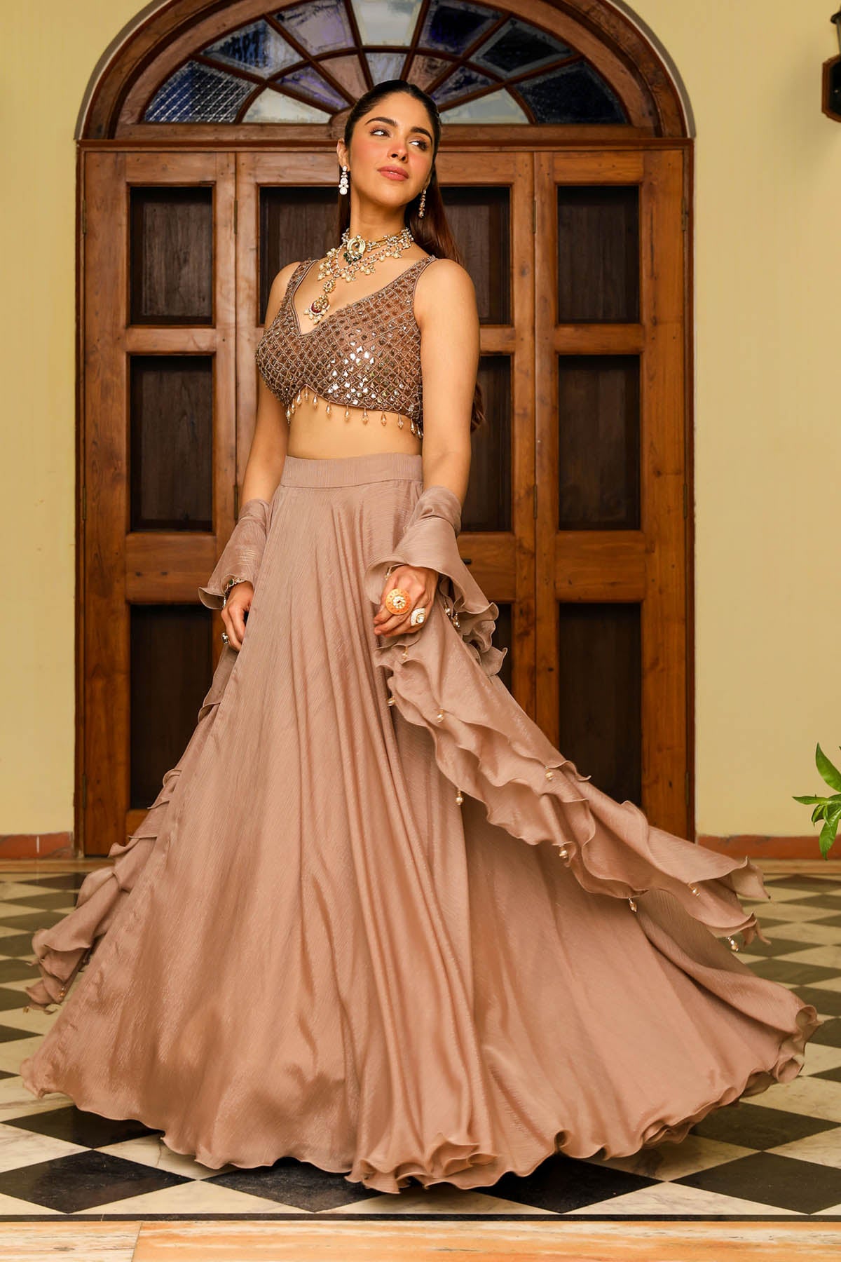 Skin Crystal Frill Lehenga Set