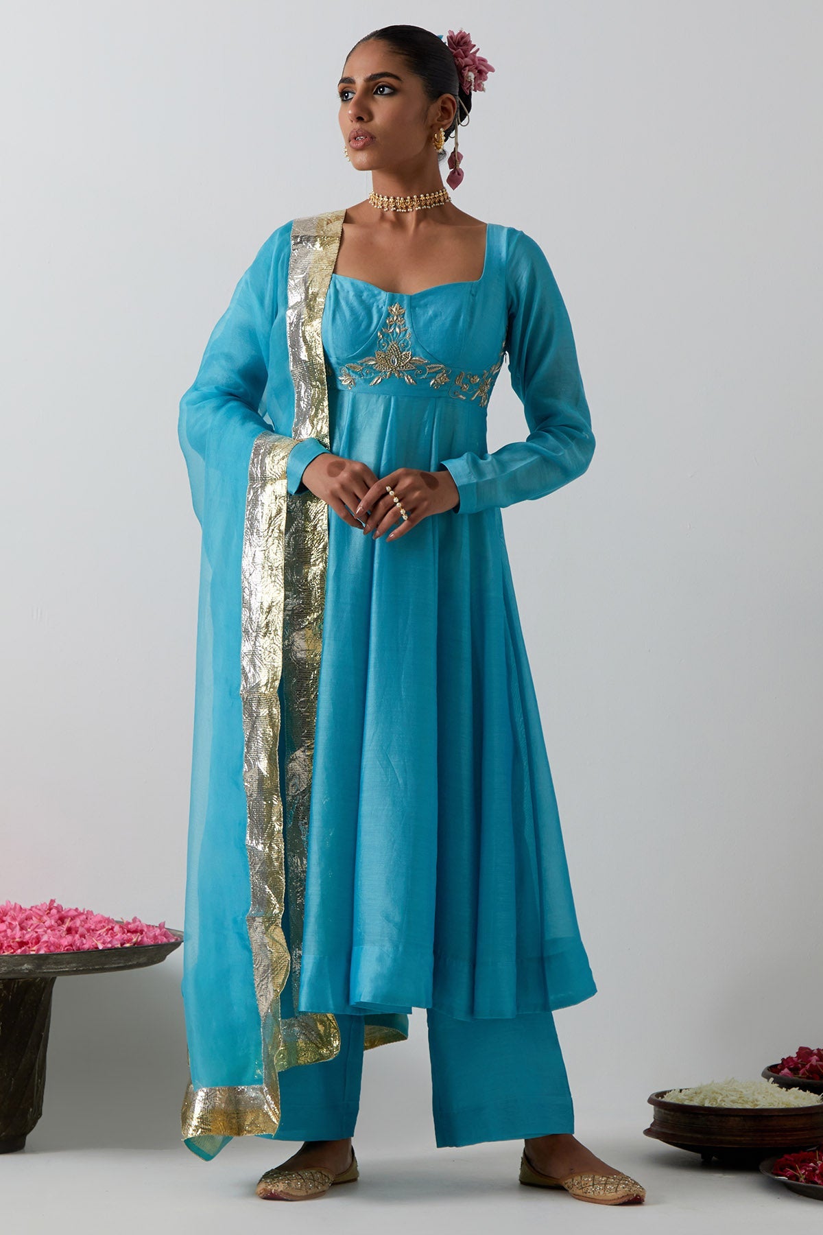 Buy Sky Blue Chanderi Anarkali Set for women by Vinusto online available at scrollnshops