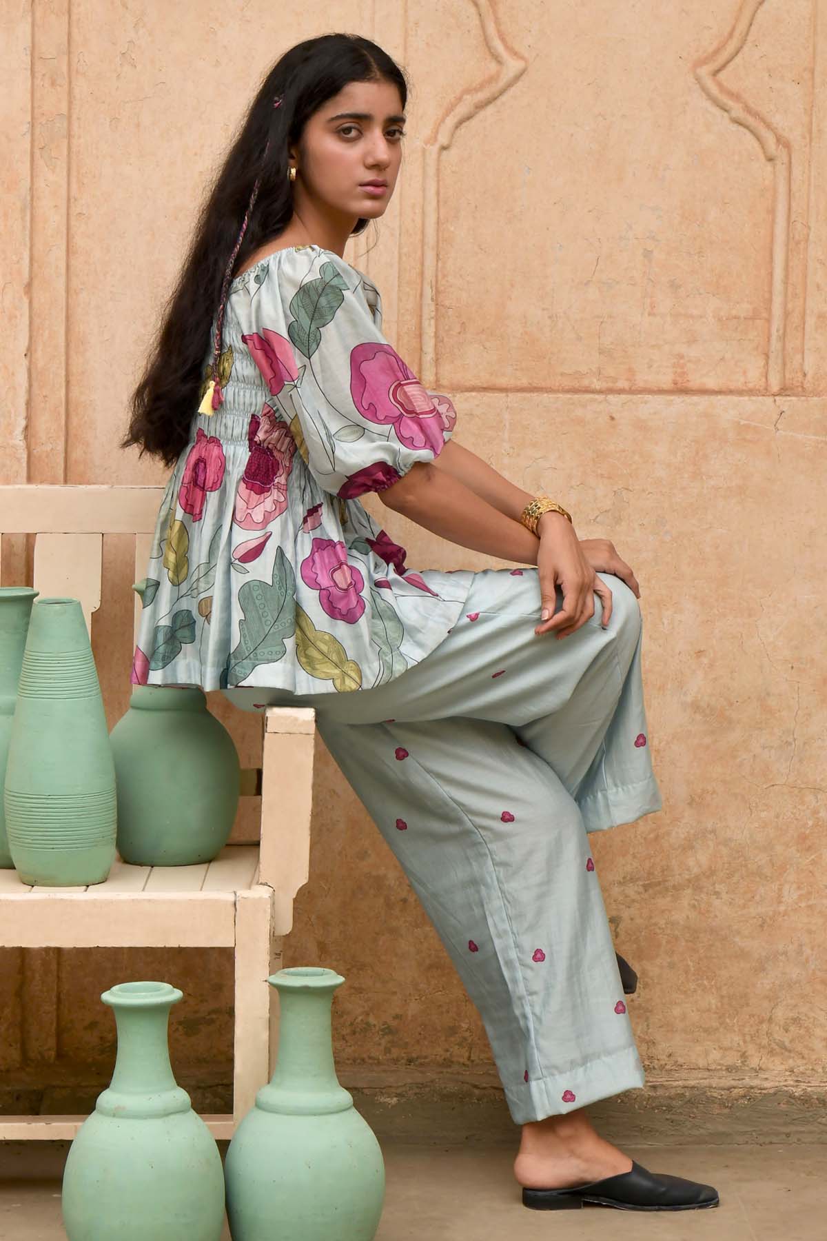 Sky Blue Chanderi Silk Pants