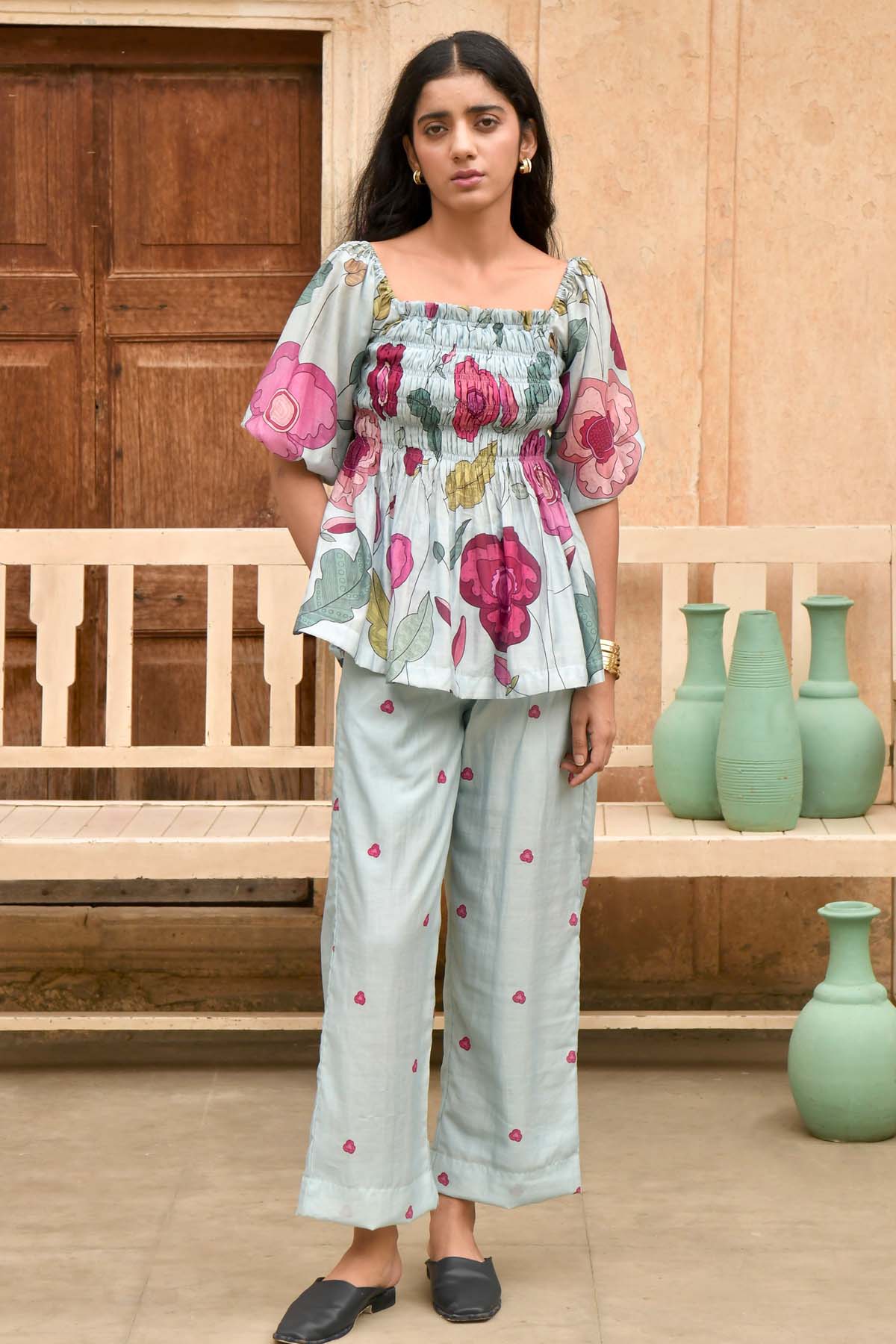 Taro India Sky Blue Chanderi Silk Pants for women online at ScrollnShops