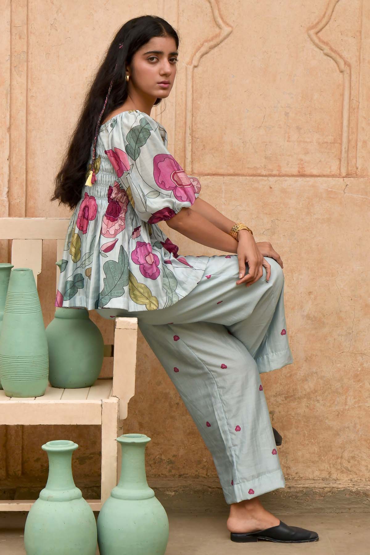 Sky Blue Chanderi Silk Print Top