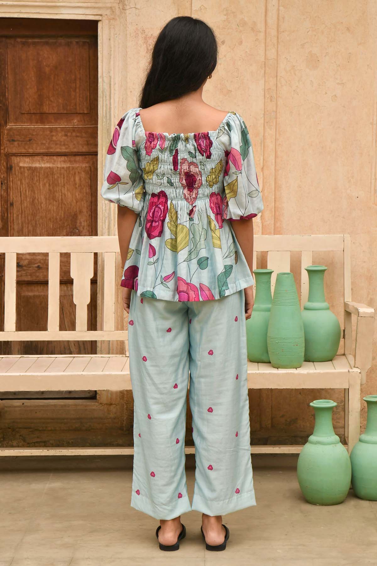 Sky Blue Chanderi Silk Print Top