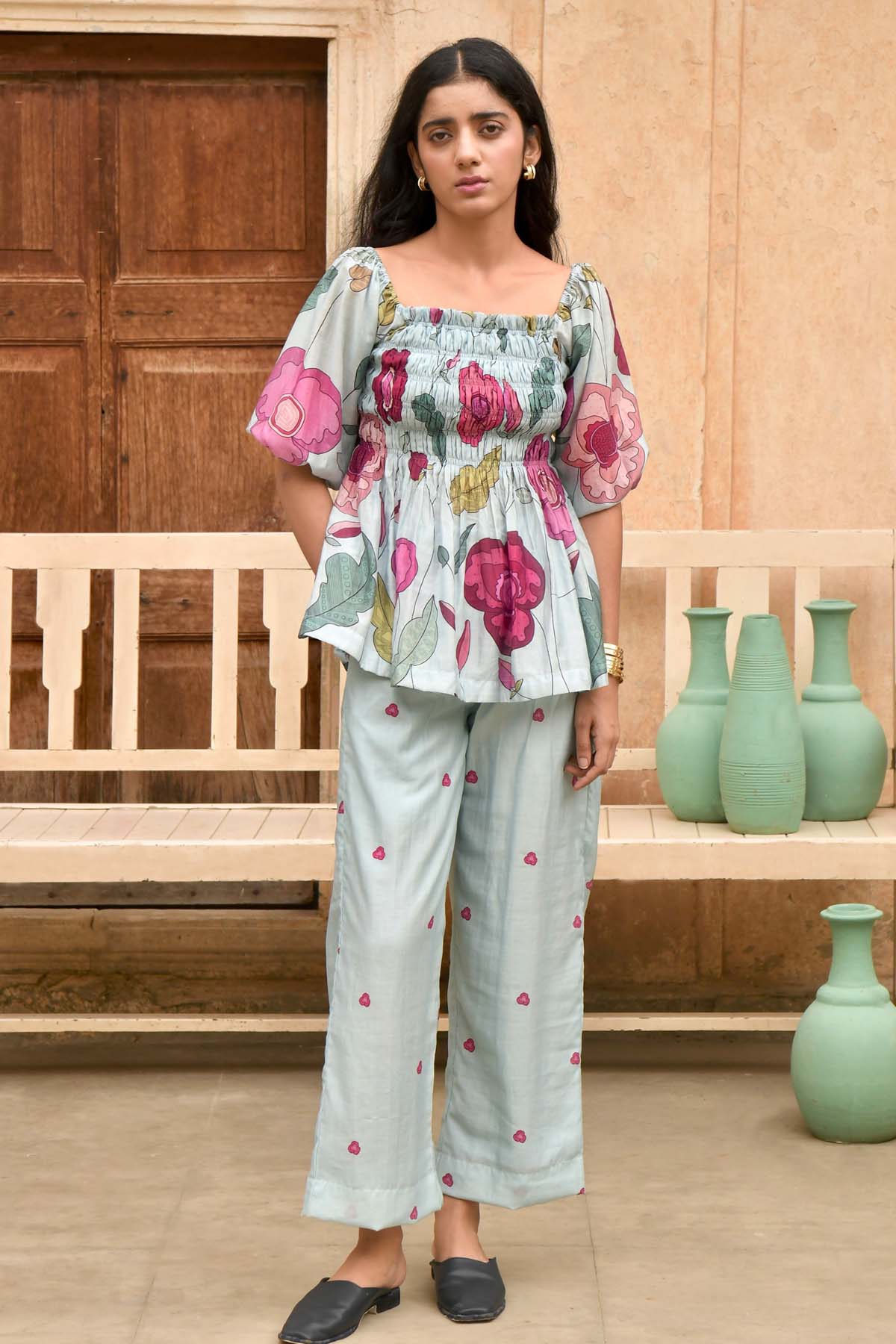 Sky Blue Chanderi Silk Print Top