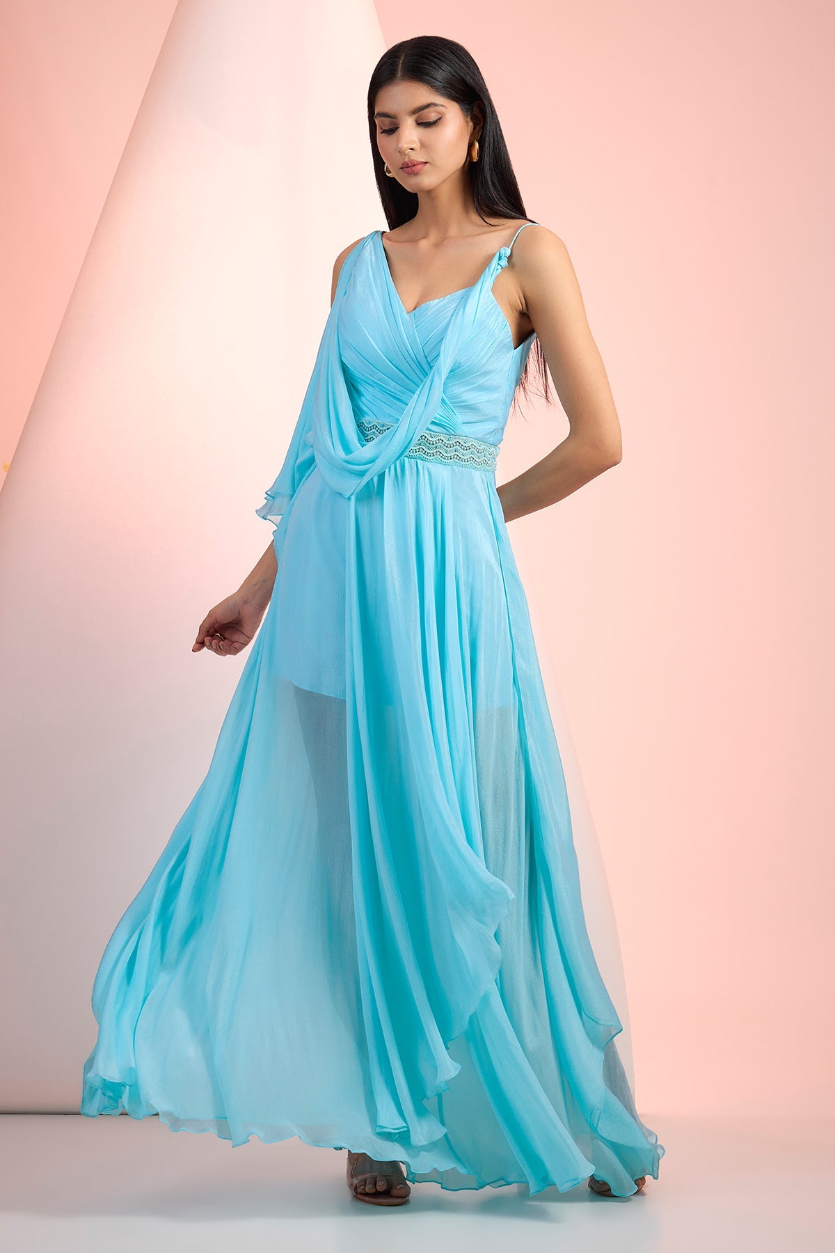 Buy Sky Blue Chiffon Pleated Dress by Mandira Wirk for Women online at ScrollnShops