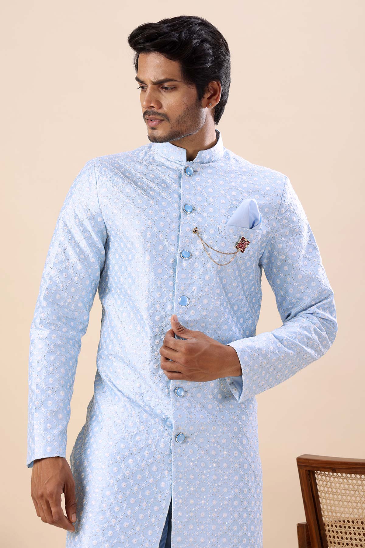 Sky Blue Cotton Sherwani Set