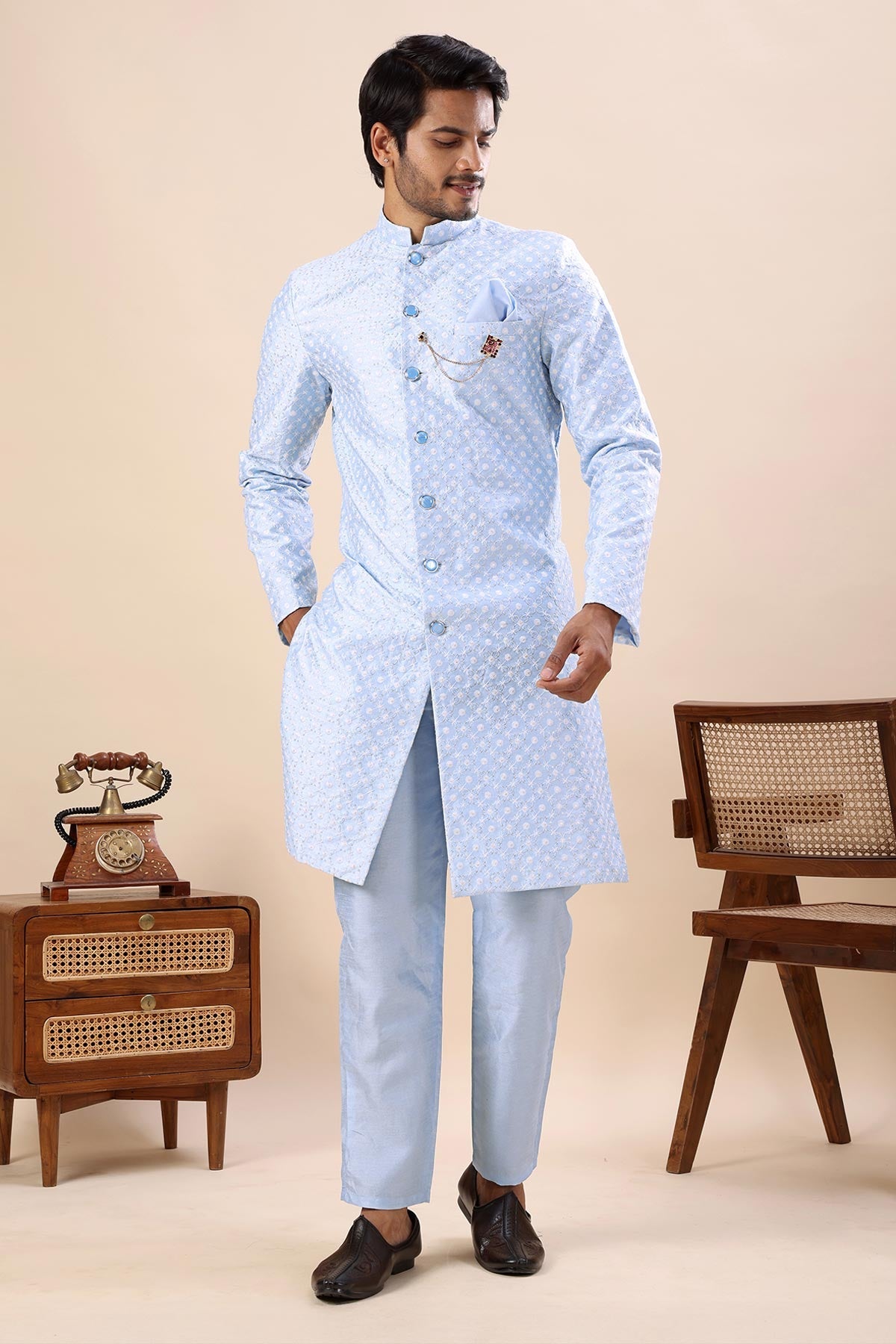 Buy Sky Blue Cotton Sherwani Set for men by Aastha Fashion online available at scrollnshops