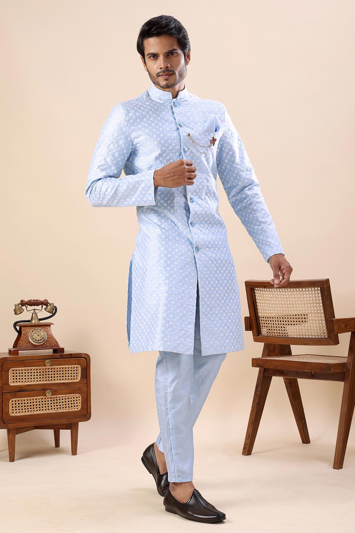 Sky Blue Cotton Sherwani Set