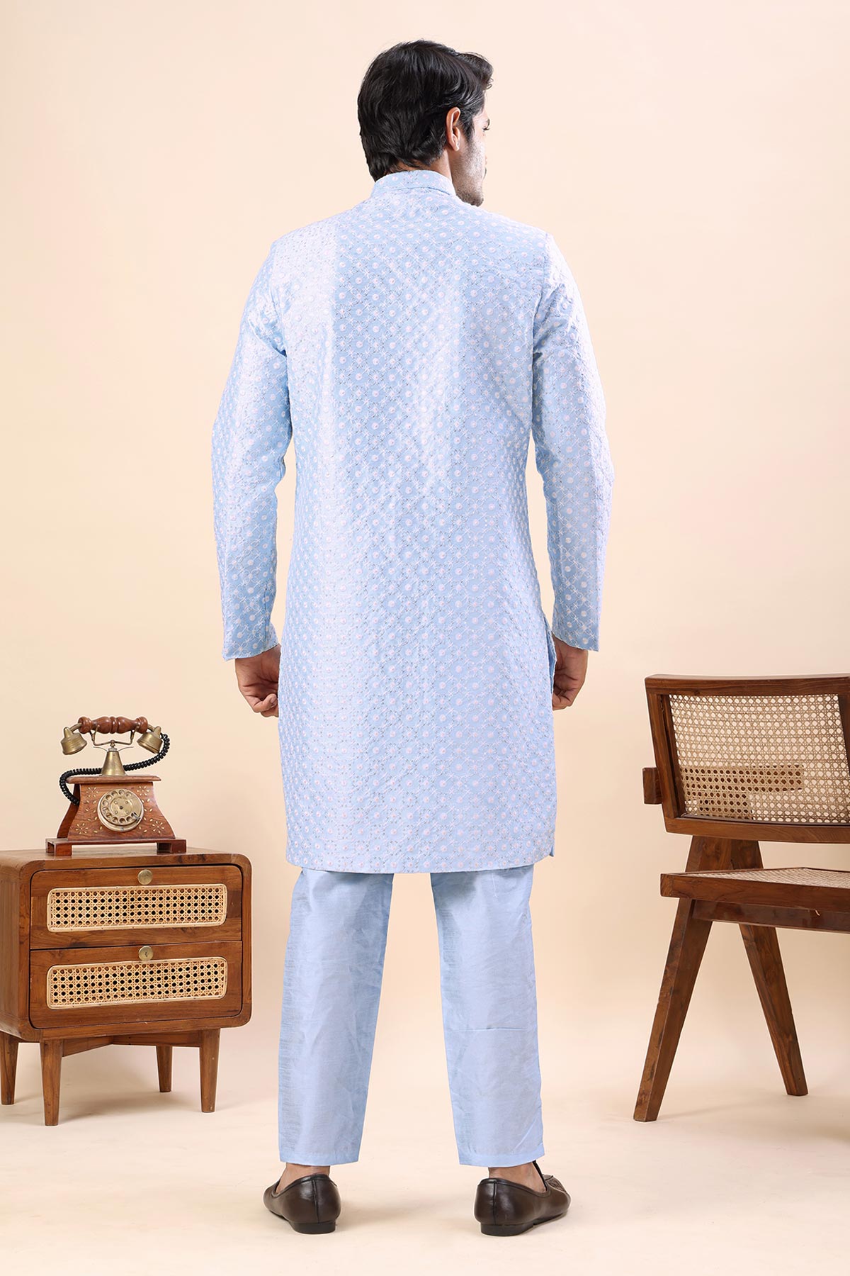 Sky Blue Cotton Sherwani Set