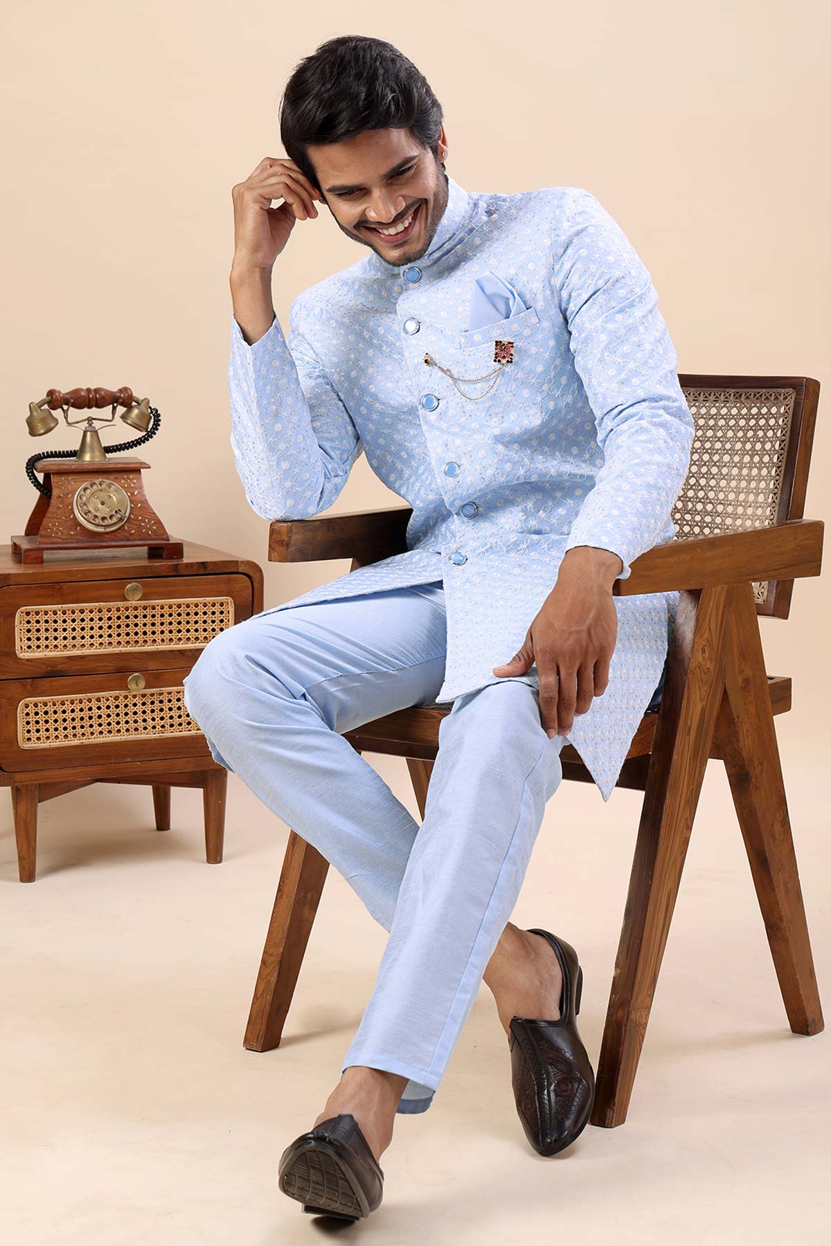 Sky Blue Cotton Sherwani Set
