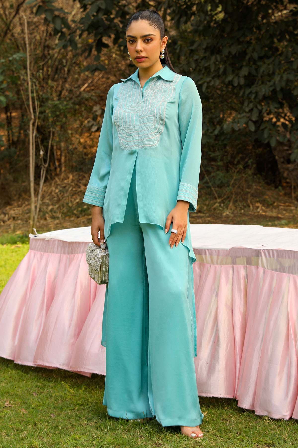 Ajiesh Oberoi Sky Blue Embroidered Co-ord Set for Women online at ScrollnShops