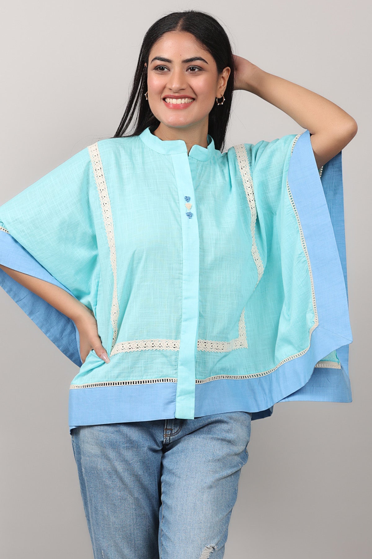 Buy Sky Blue Embroidered Kaftan Top by OSKOS for women online at ScrollnShops
