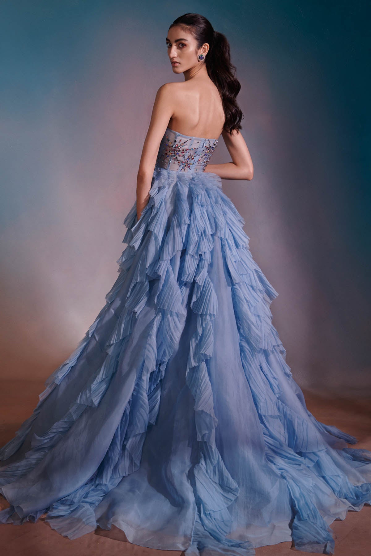 Sky Blue Embroidered Ruffle Gown