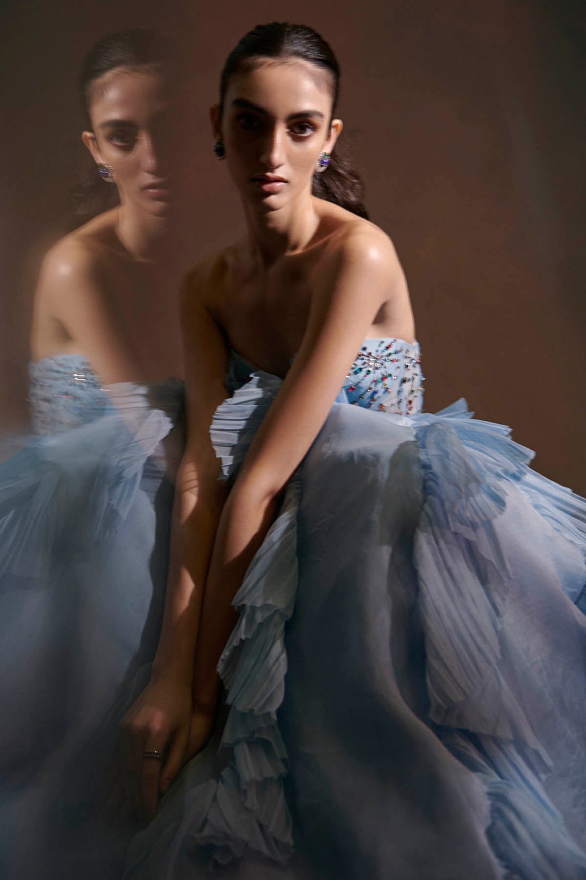 Sky Blue Embroidered Ruffle Gown