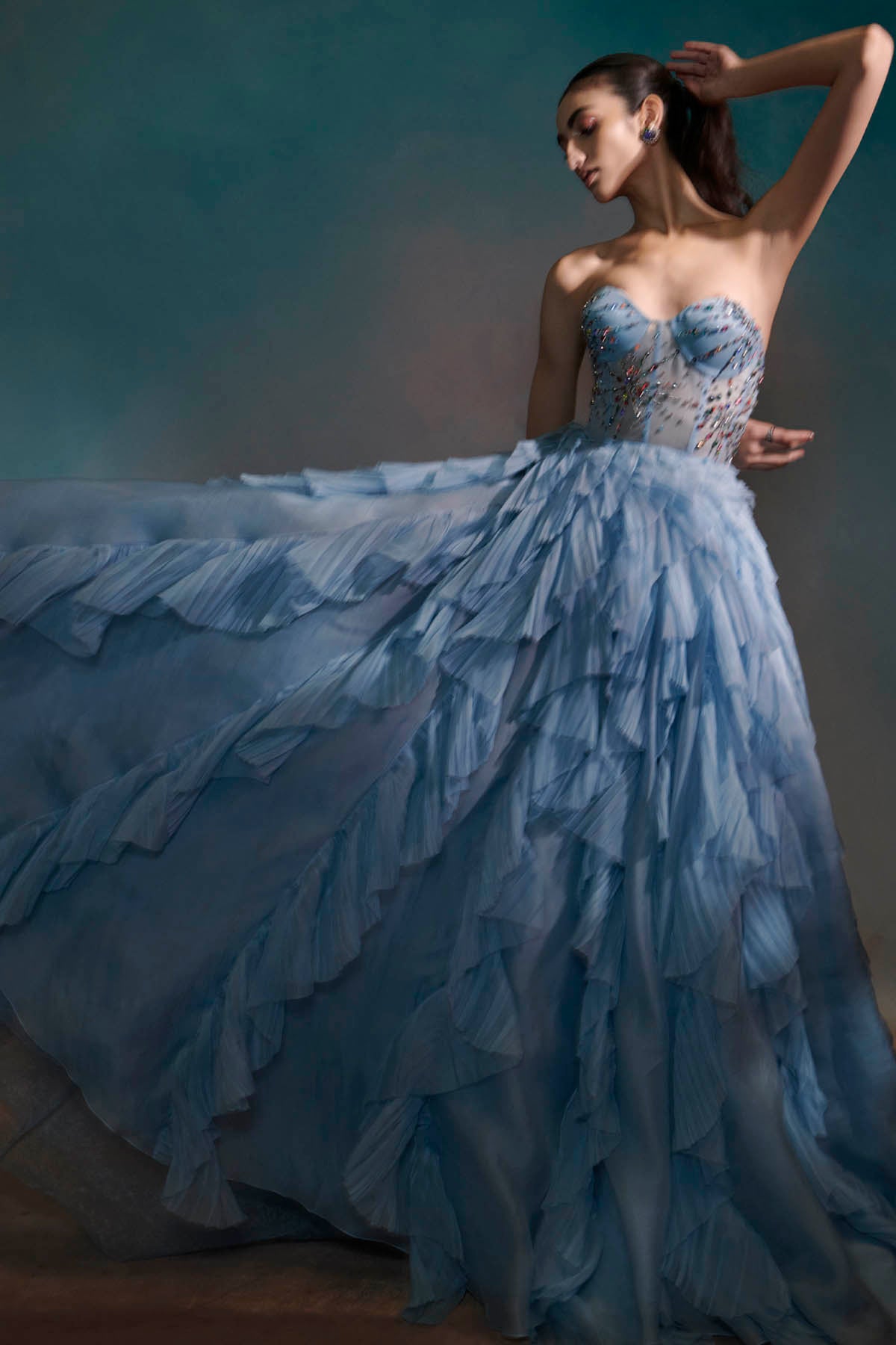 Sky Blue Embroidered Ruffle Gown