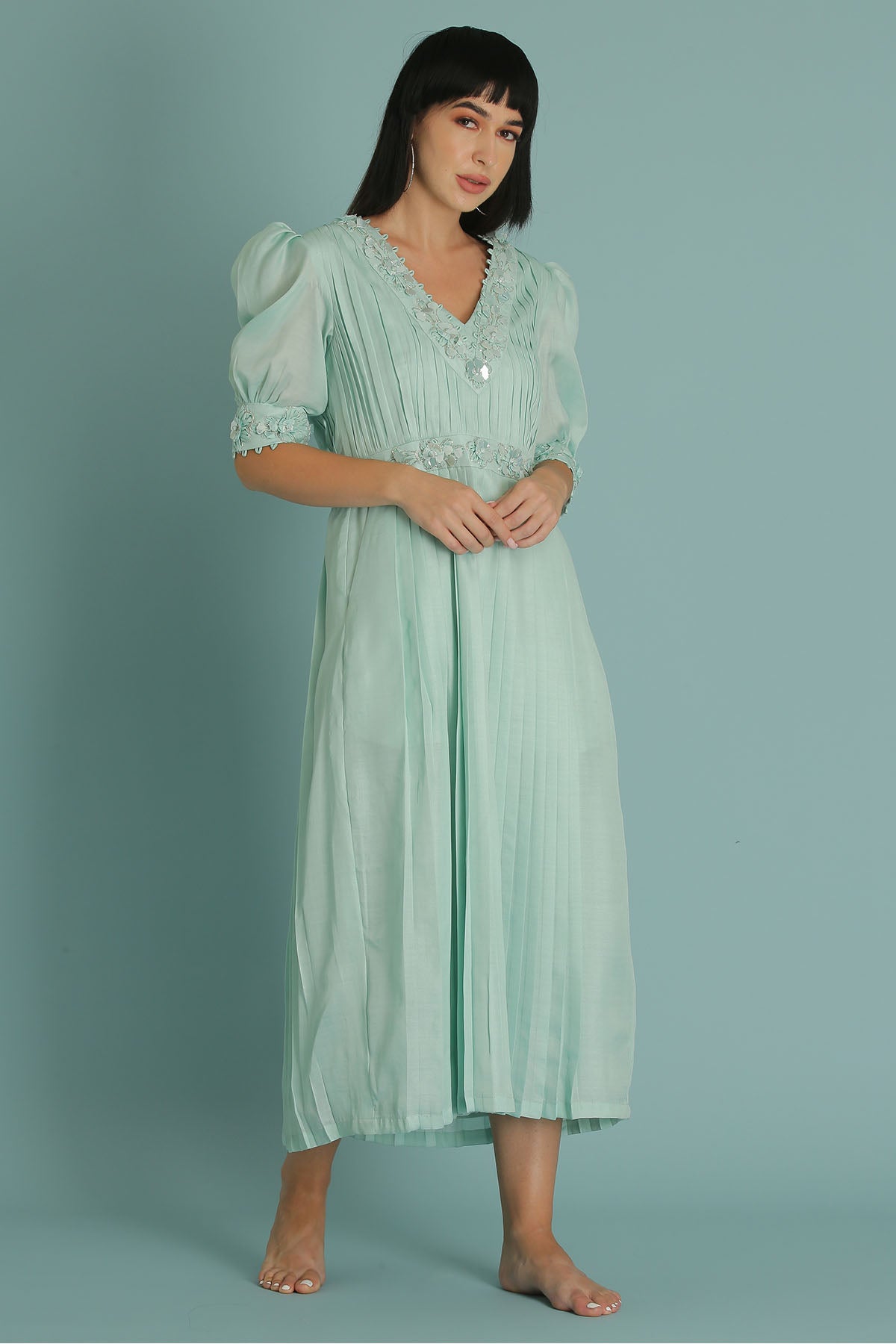 Sky Blue Floral A-Line Dress