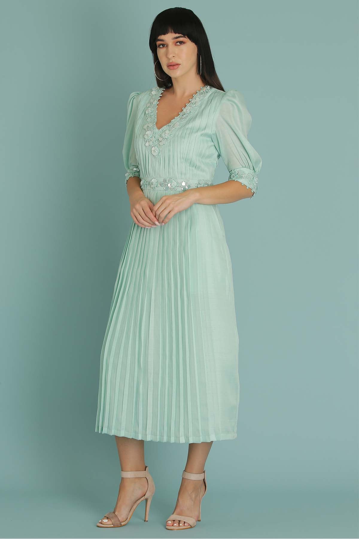 Sky Blue Floral A-Line Dress