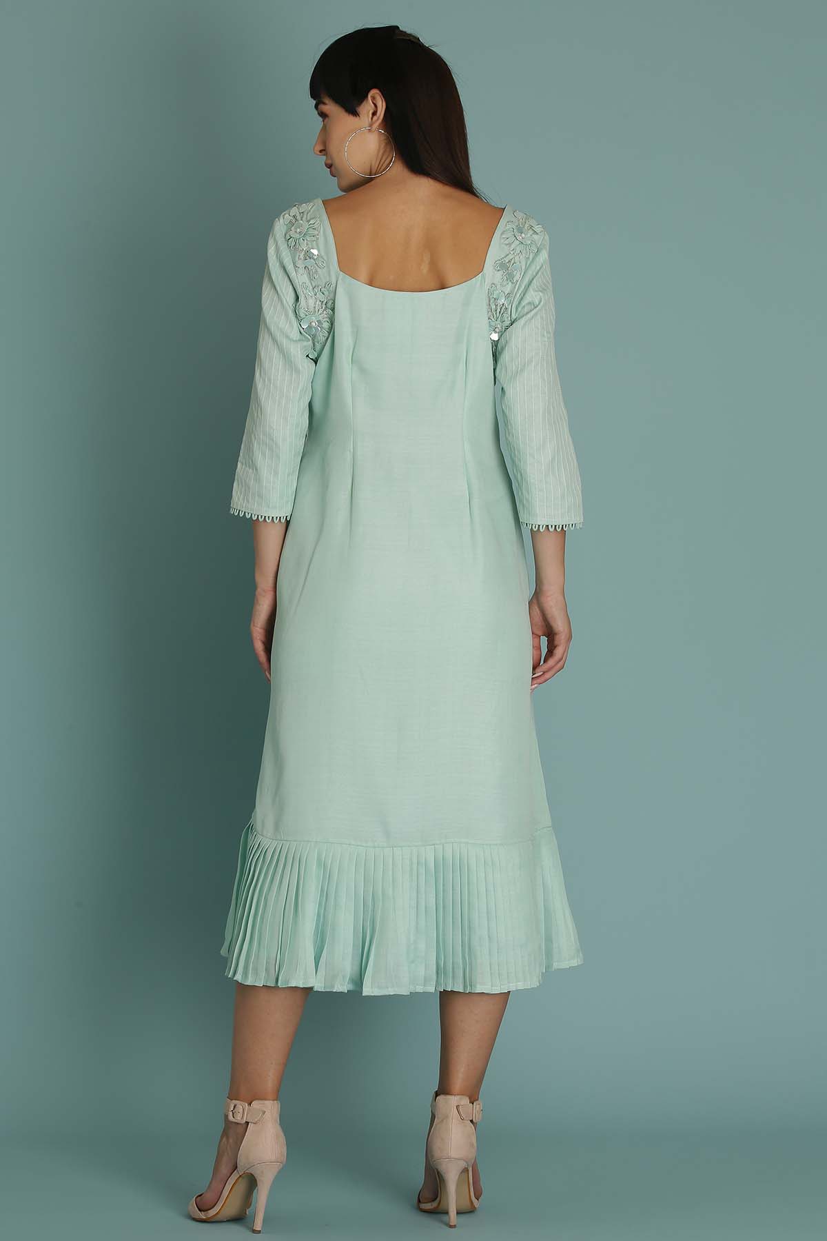 Sky Blue Floral Pleated Dress