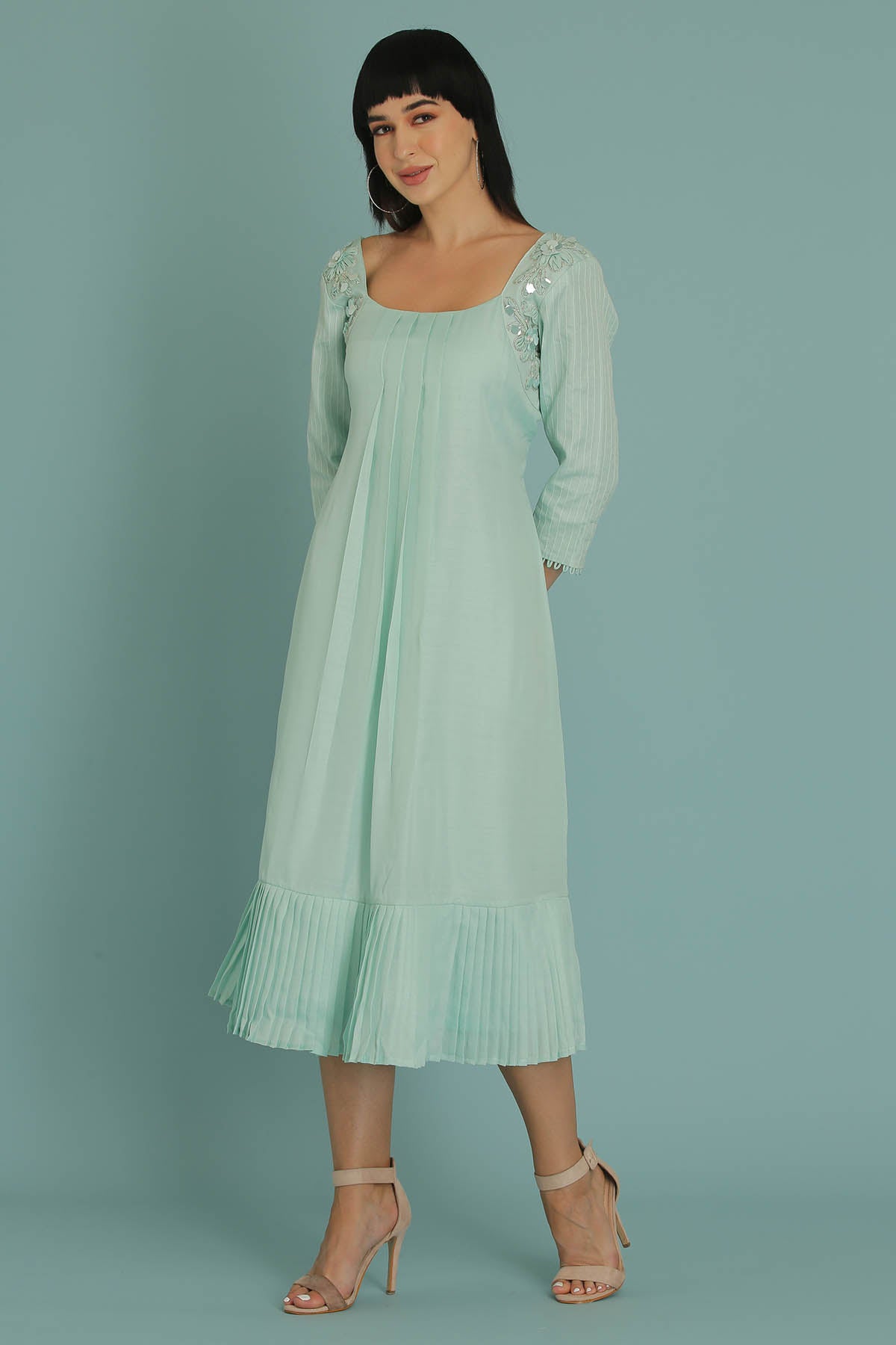 Sky Blue Floral Pleated Dress