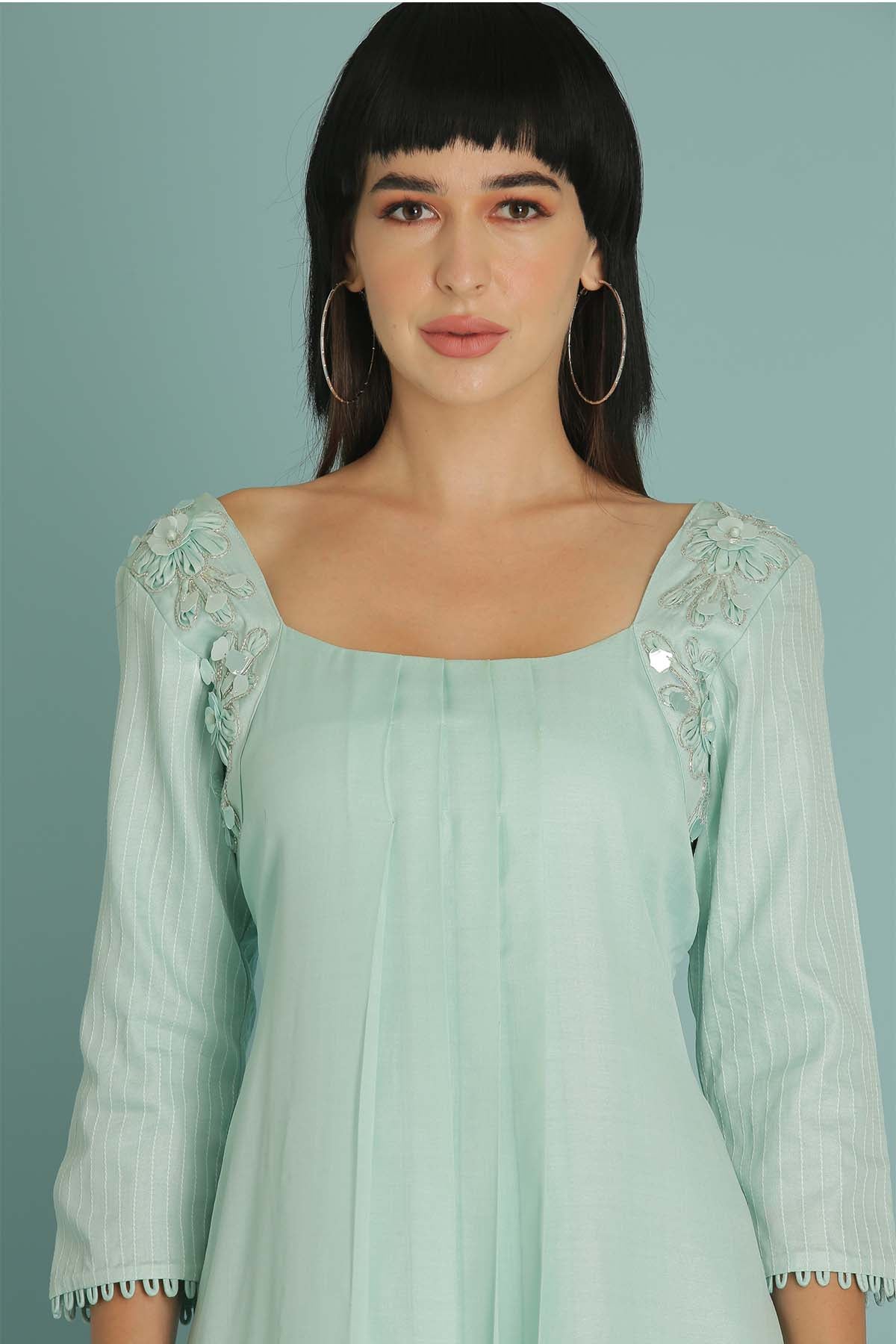 Sky Blue Floral Pleated Dress