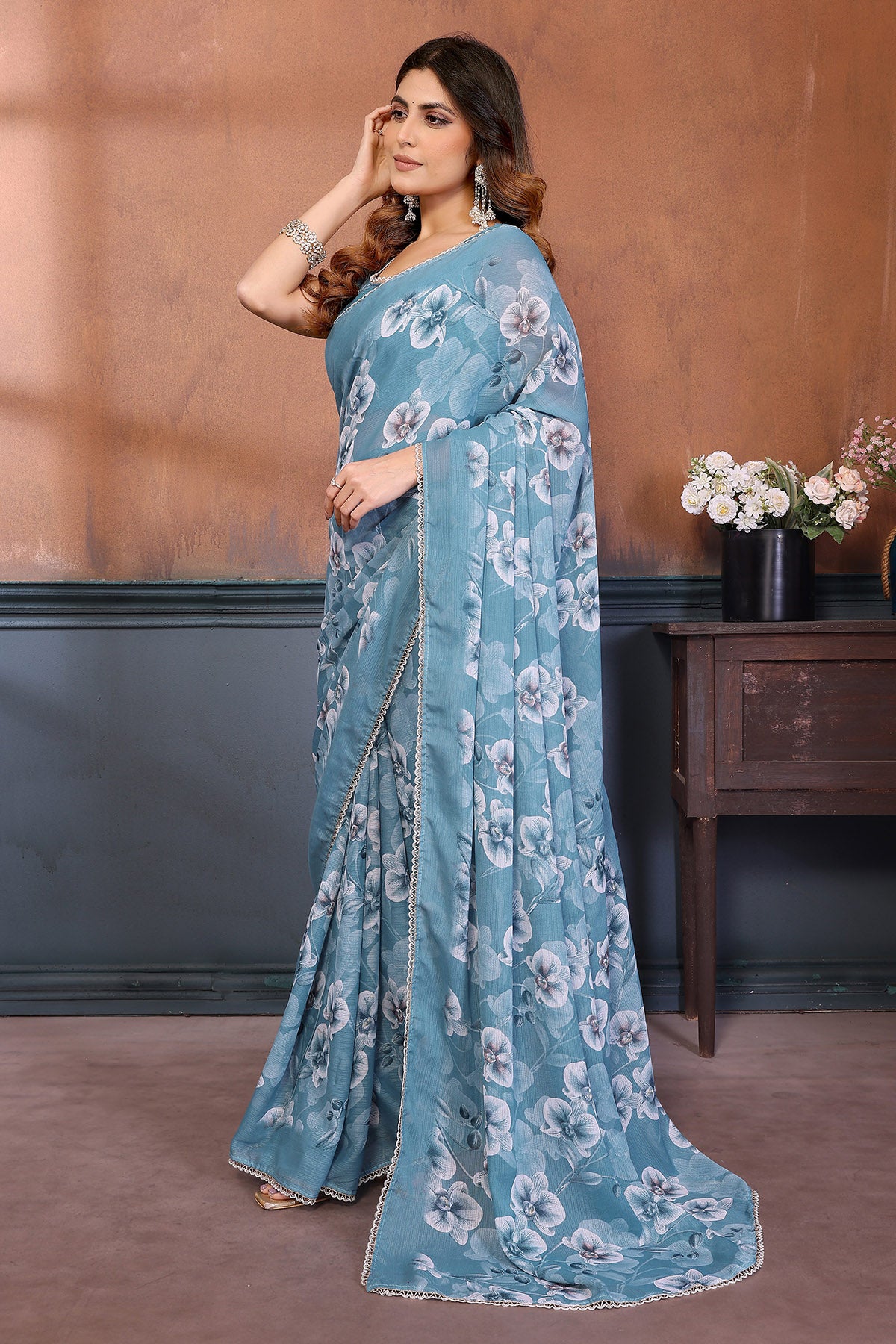 Sky Blue Georgette Print Saree
