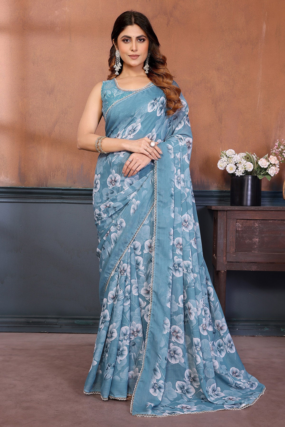Buy Sky Blue Georgette Print Saree for women by Aastha Fashion online available at scrollnshops