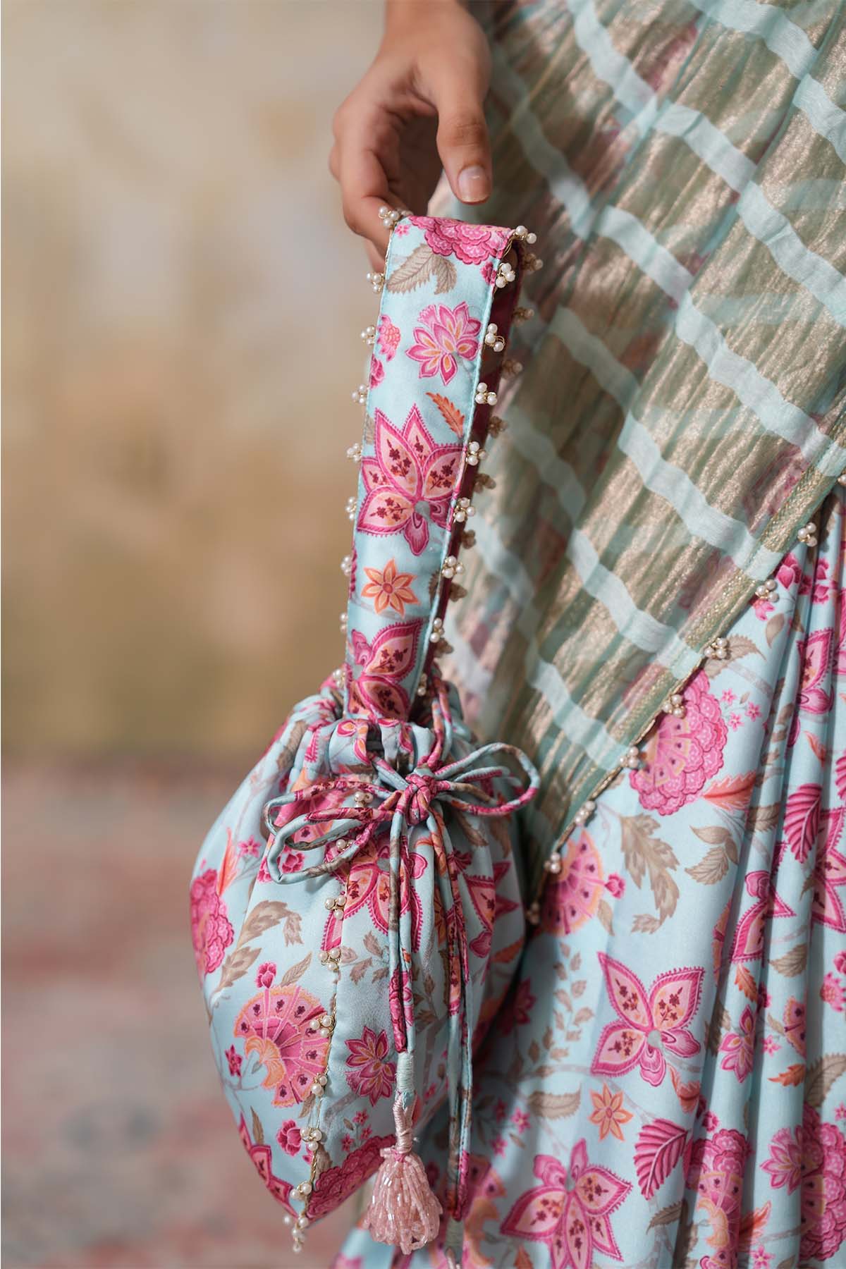 Sky Blue Gota Work Printed Potli