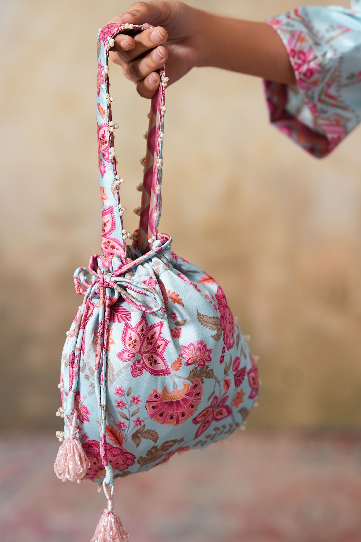 Sky Blue Gota Work Printed Potli