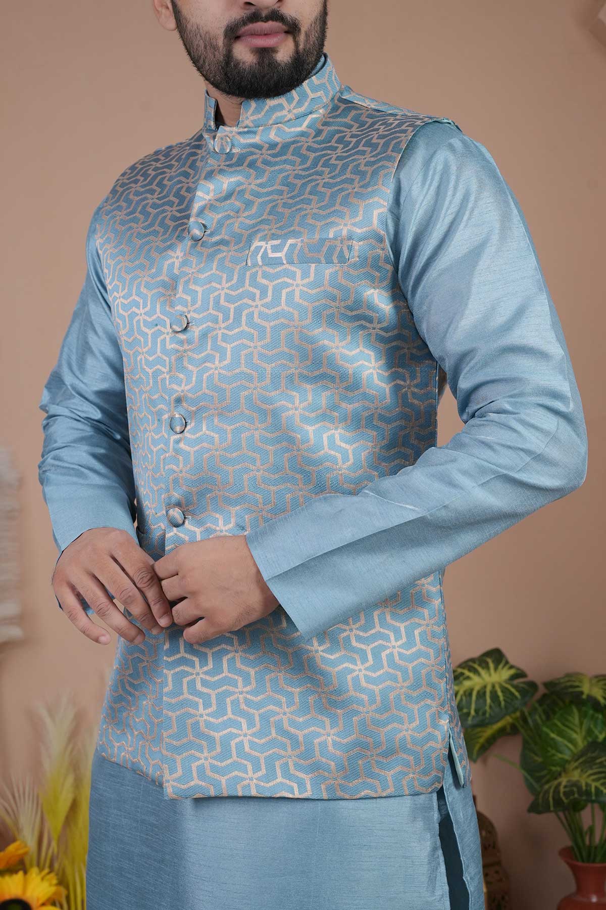 Sky Blue Jacquard Bundi Jacket