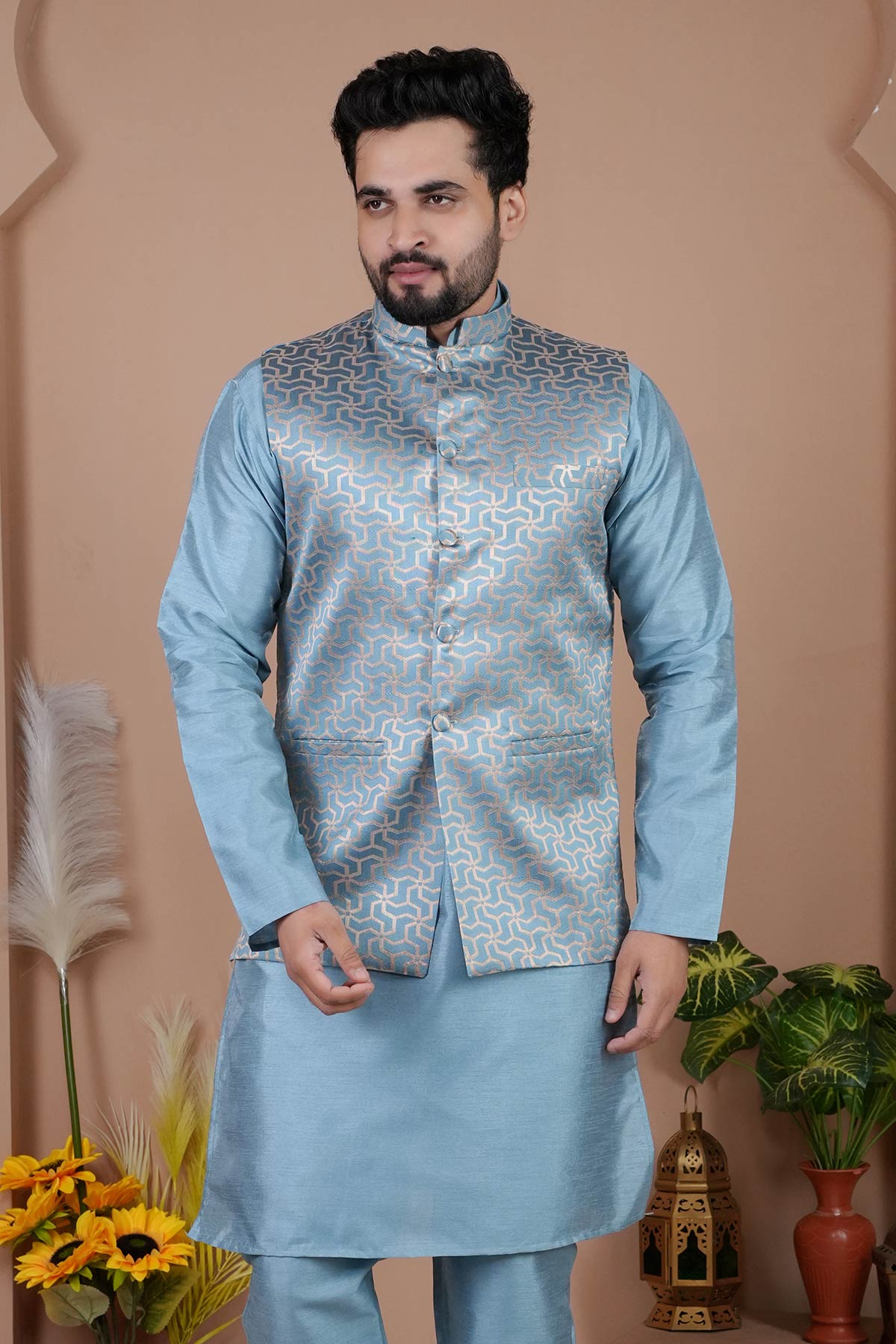 Buy Sky Blue Jacquard Bundi Jacket for men by Aastha Fashion online available at scrollnshops