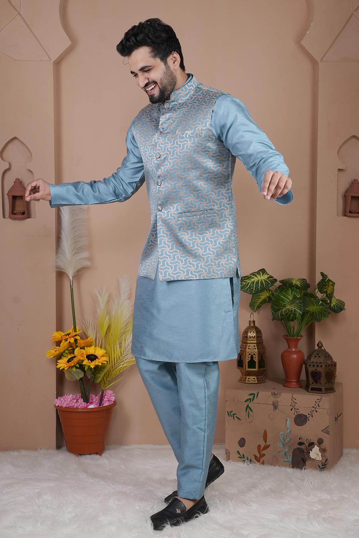 Sky Blue Jacquard Bundi Jacket