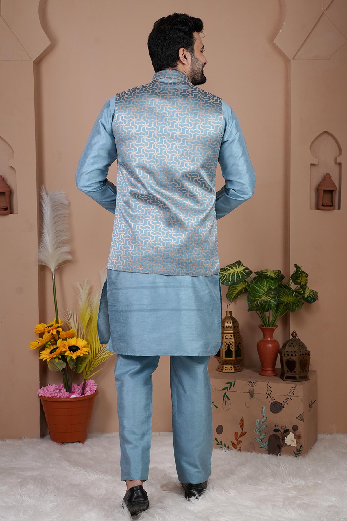 Sky Blue Jacquard Bundi Jacket